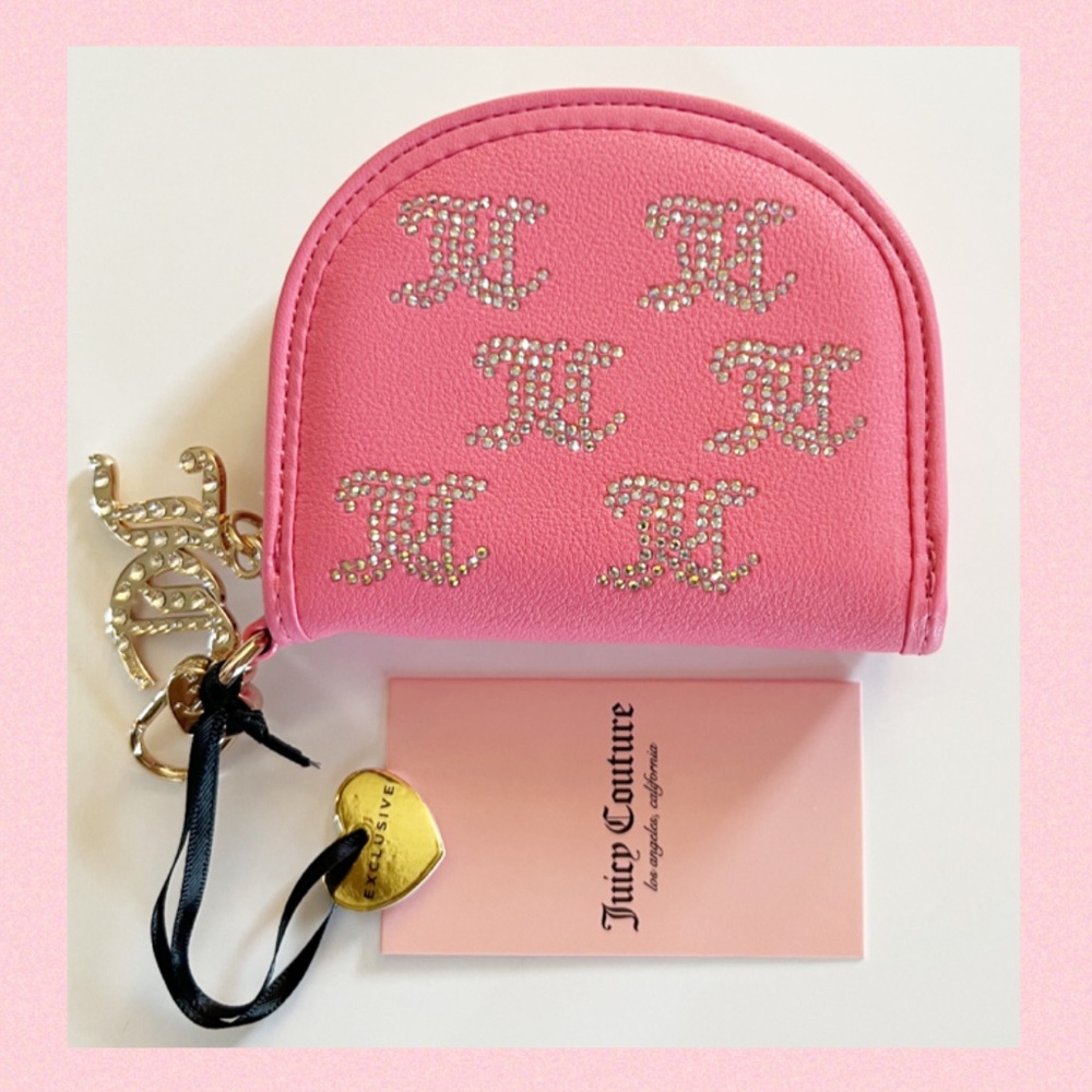 JUICY COUTURE Taking The Lead Half Moon Card Holder Interior Mirror Jeweled Pink
